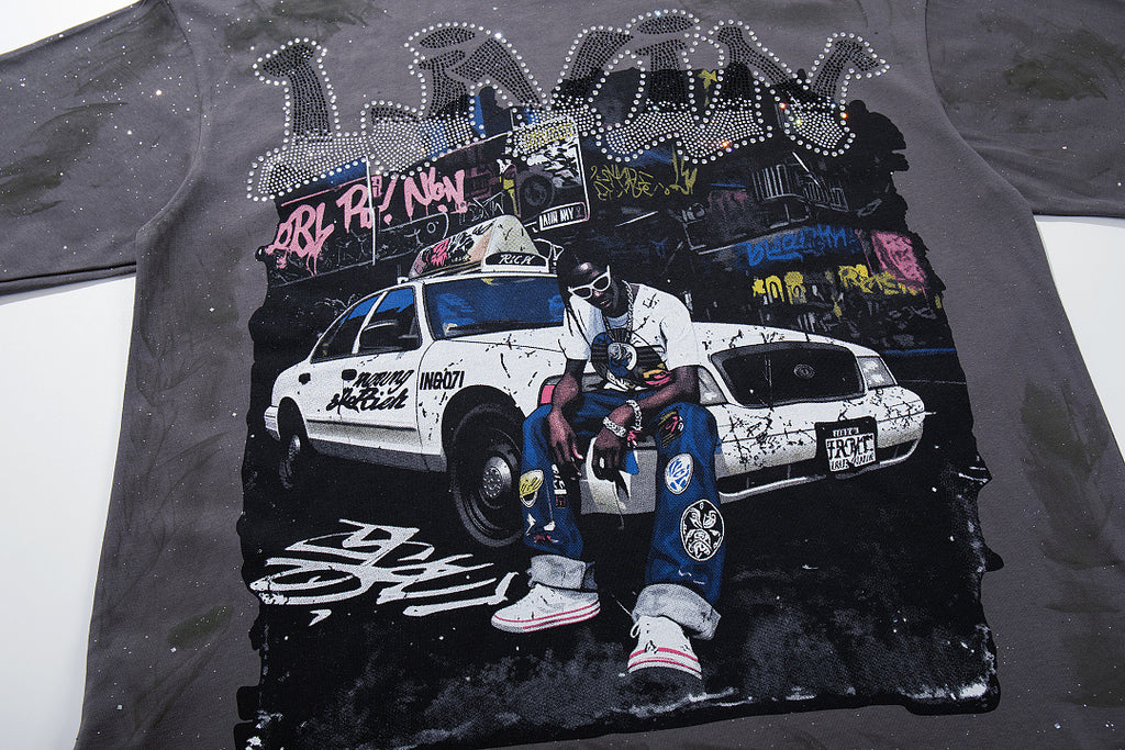 BKYS Vintage Street Portrait Crystal Embellished Graphic T-Shirt