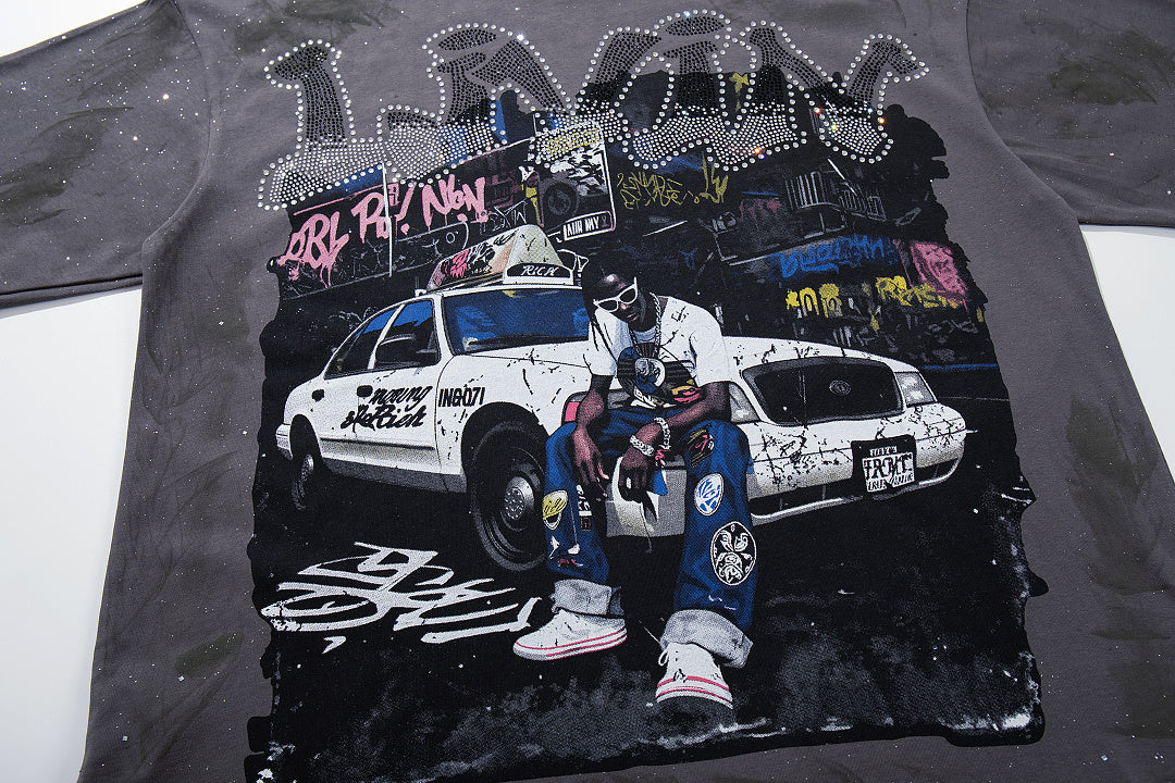 BKYS Vintage Street Portrait Crystal Embellished Graphic T-Shirt