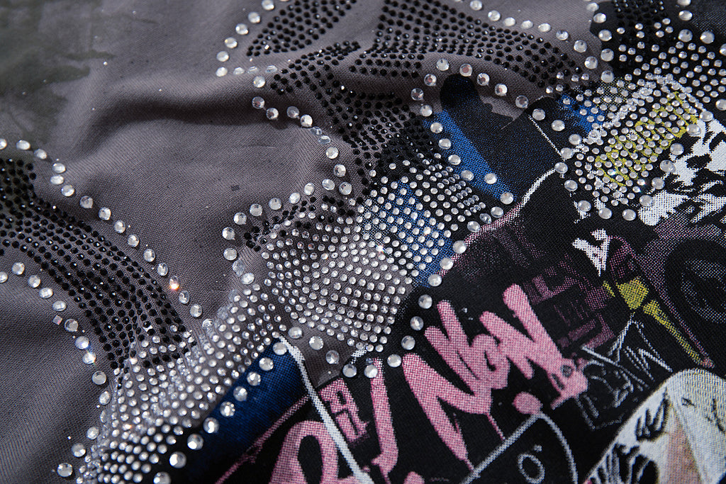 BKYS Vintage Street Portrait Crystal Embellished Graphic T-Shirt