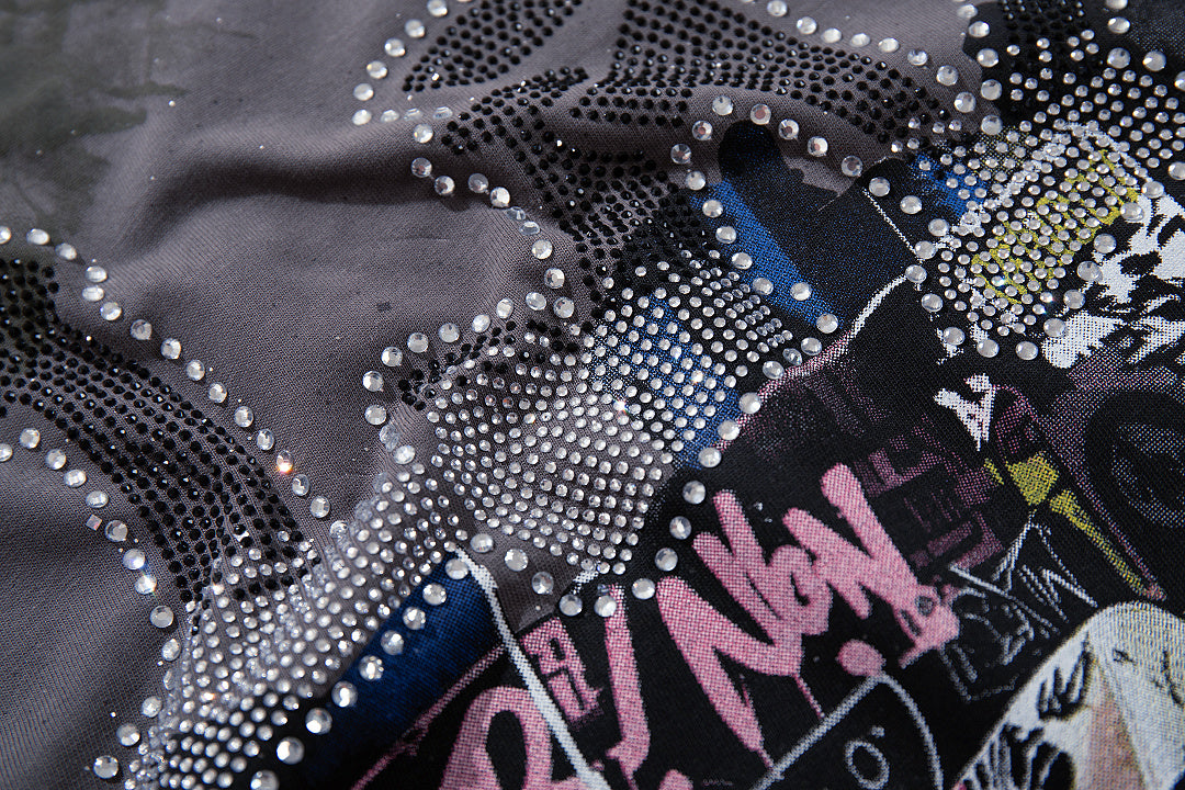 BKYS Vintage Street Portrait Crystal Embellished Graphic T-Shirt
