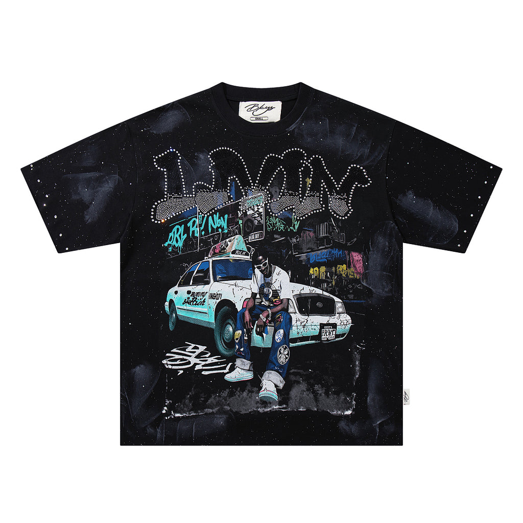 BKYS Rhinestone Portrait Print Vintage Fade Relaxed Graphic Tee