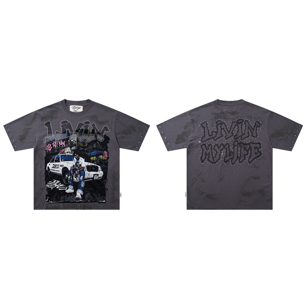 BKYS Vintage Street Portrait Crystal Embellished Graphic T-Shirt