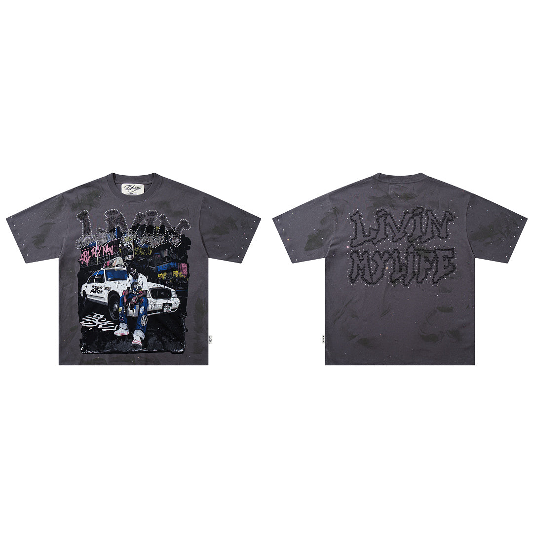 BKYS Vintage Street Portrait Crystal Embellished Graphic T-Shirt