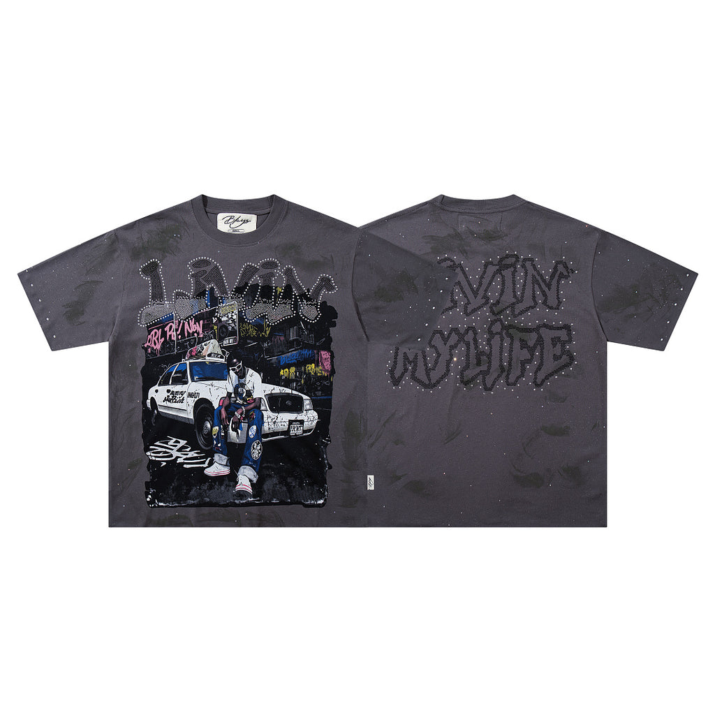 BKYS Vintage Street Portrait Crystal Embellished Graphic T-Shirt
