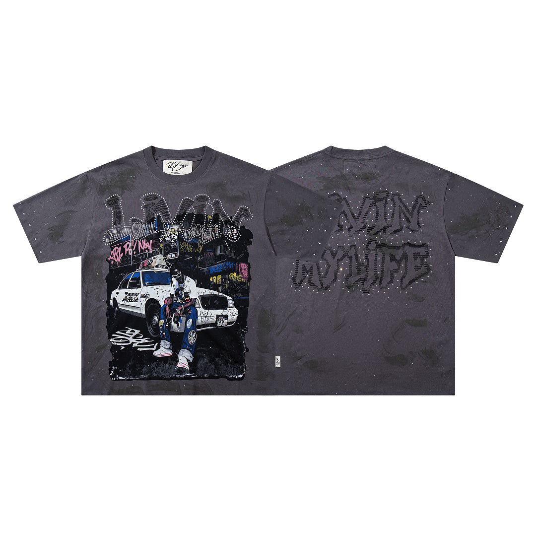 BKYS Vintage Street Portrait Crystal Embellished Graphic T-Shirt