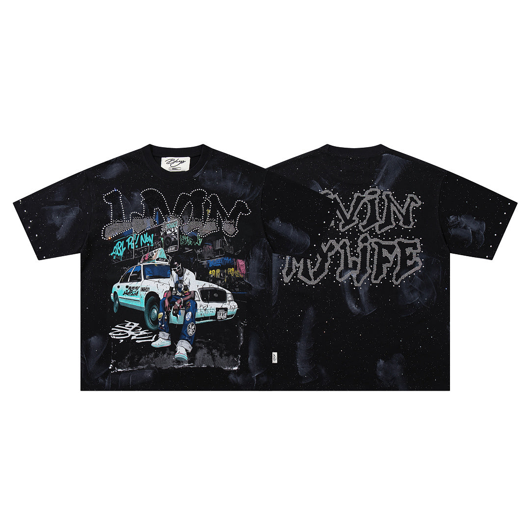 BKYS Rhinestone Portrait Print Vintage Fade Relaxed Graphic Tee