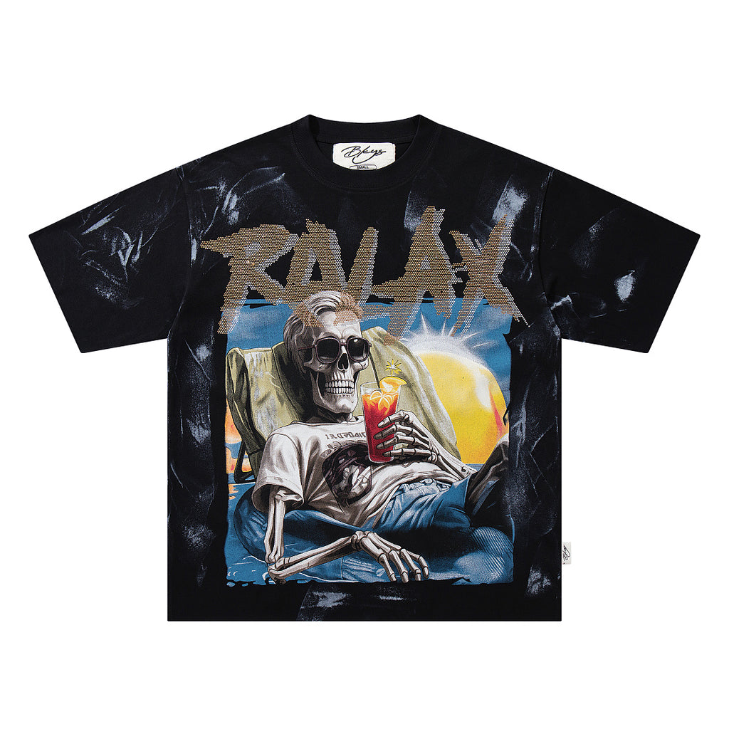 BKYS Washed Rhinestone Portrait Print Relaxed Fit Streetwear T-Shirt