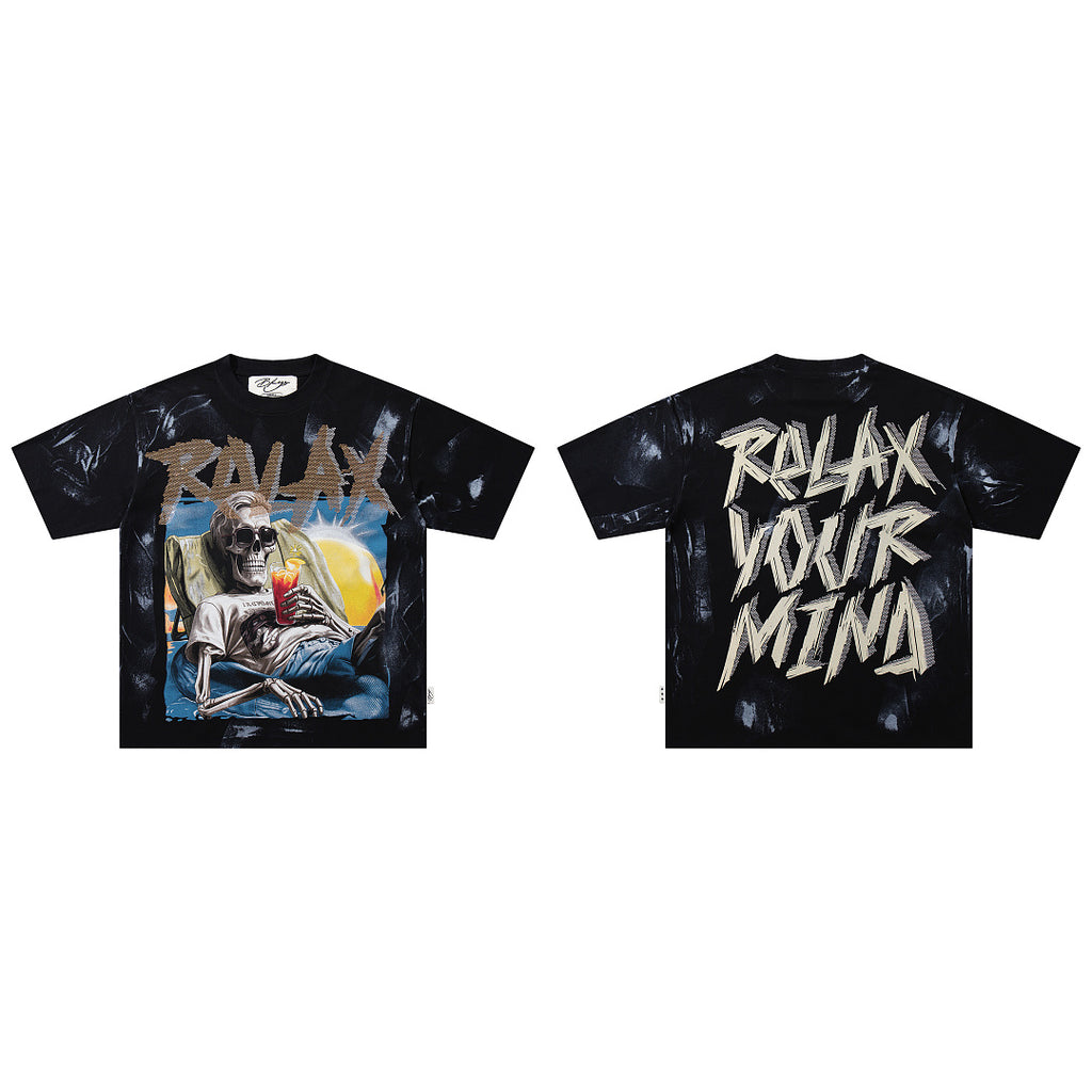BKYS Washed Rhinestone Portrait Print Relaxed Fit Streetwear T-Shirt