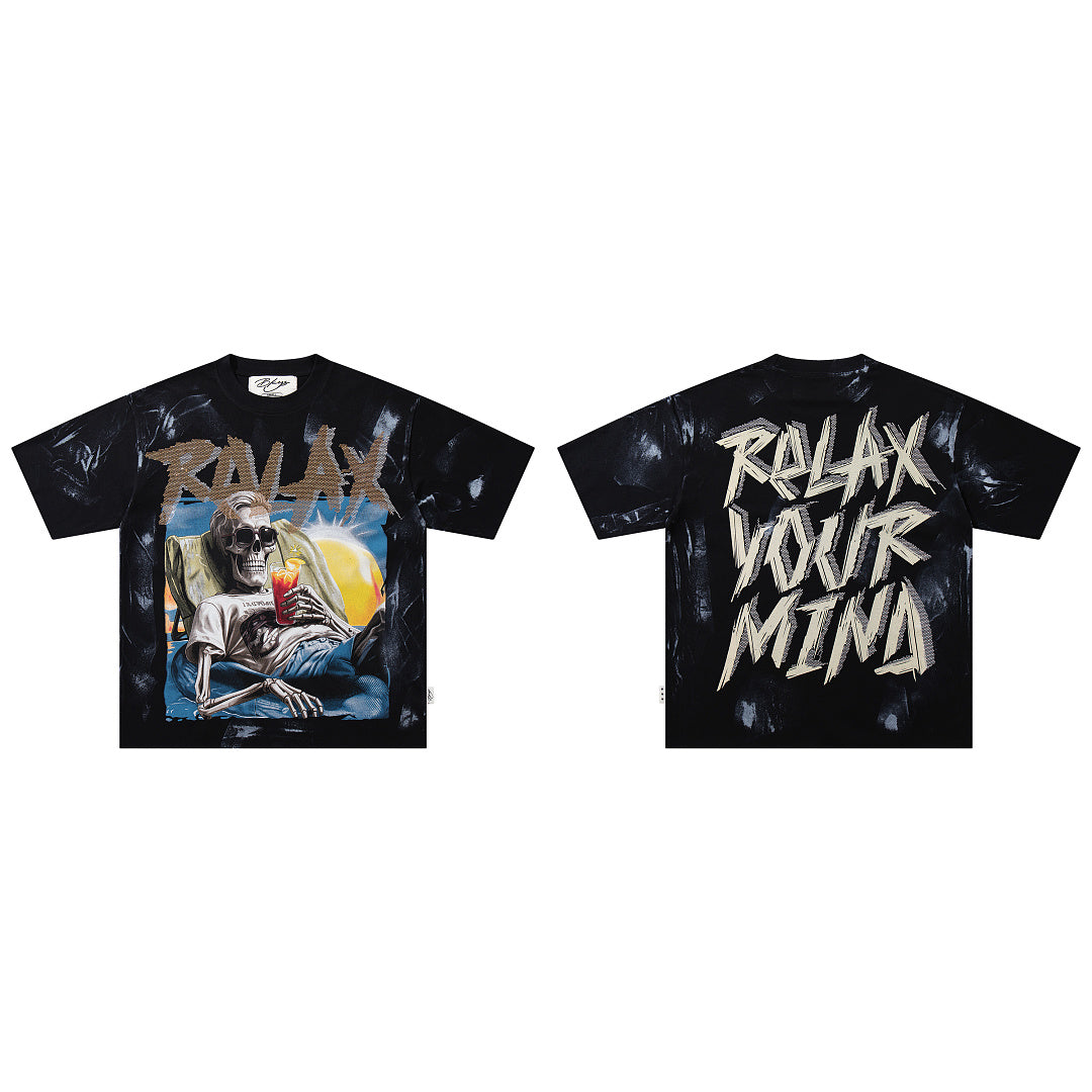 BKYS Washed Rhinestone Portrait Print Relaxed Fit Streetwear T-Shirt