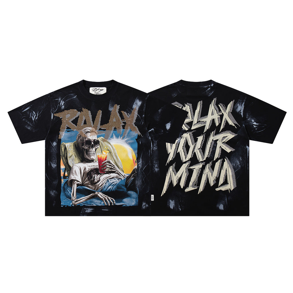 BKYS Washed Rhinestone Portrait Print Relaxed Fit Streetwear T-Shirt