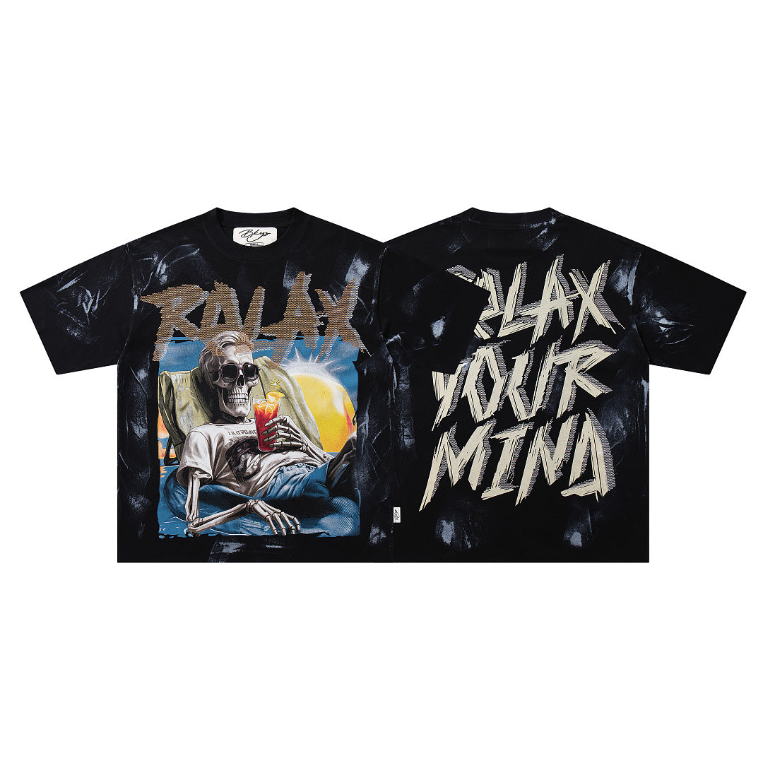 BKYS Washed Rhinestone Portrait Print Relaxed Fit Streetwear T-Shirt