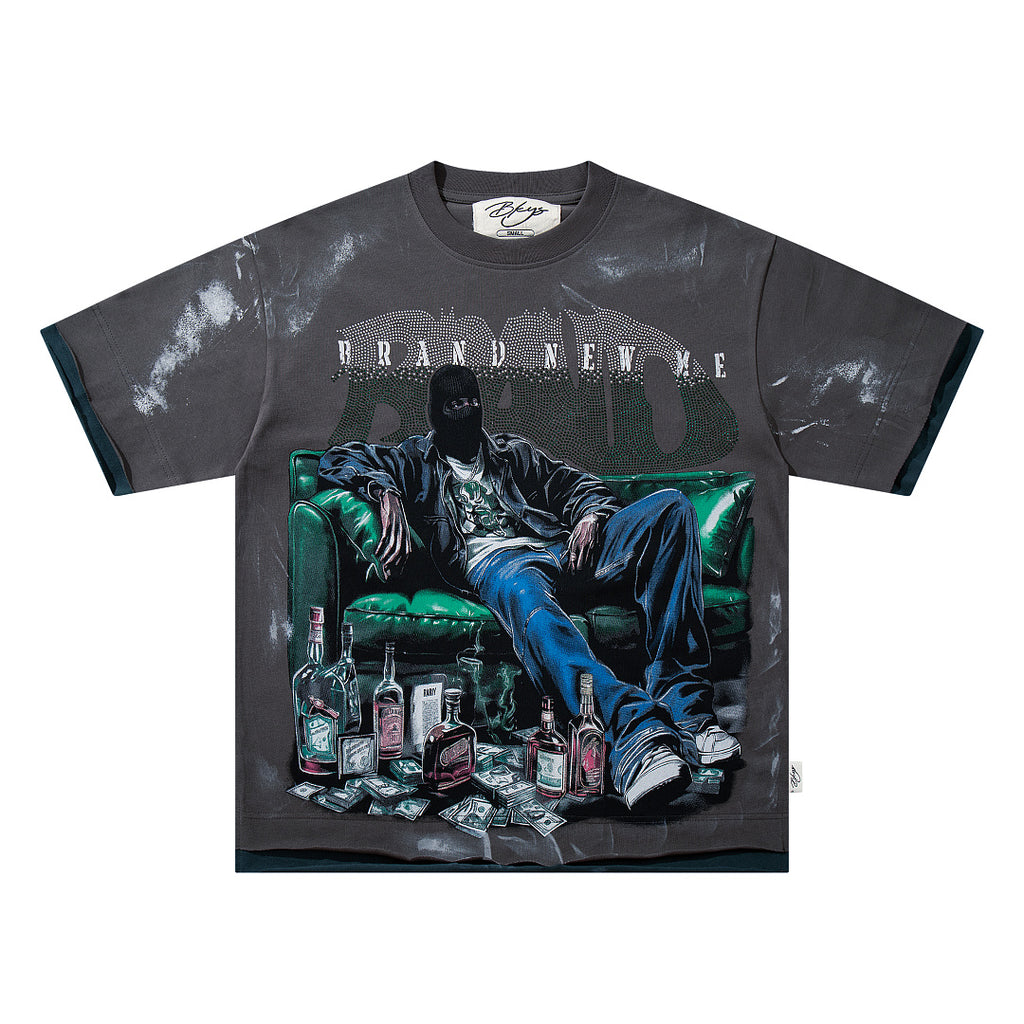 BKYS Vintage Crystal Graphic Street T-Shirt with Distressed Portrait Print