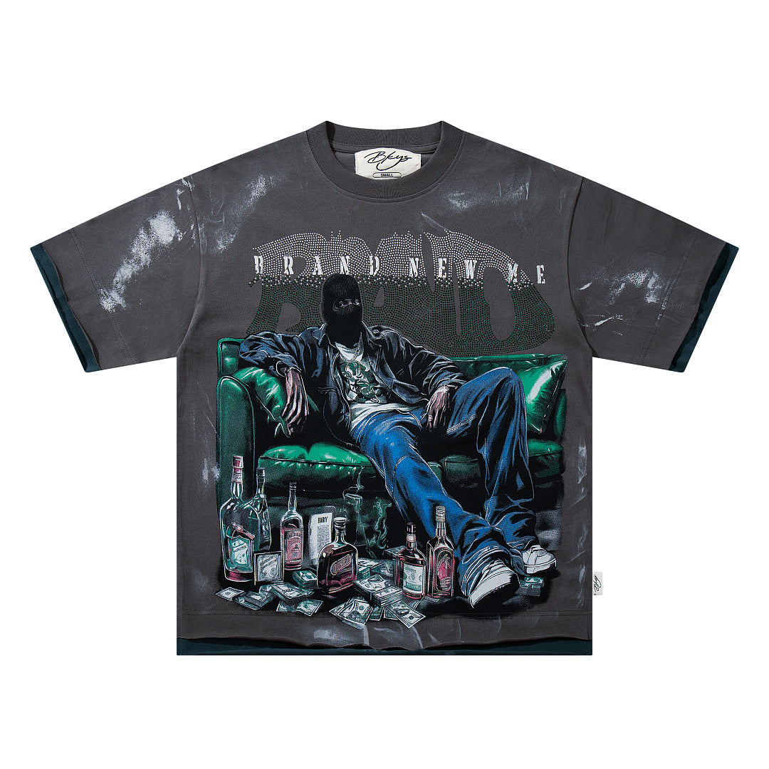 BKYS Vintage Crystal Graphic Street T-Shirt with Distressed Portrait Print