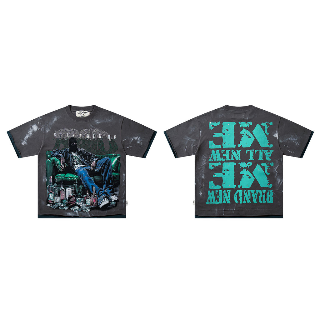 BKYS Vintage Crystal Graphic Street T-Shirt with Distressed Portrait Print