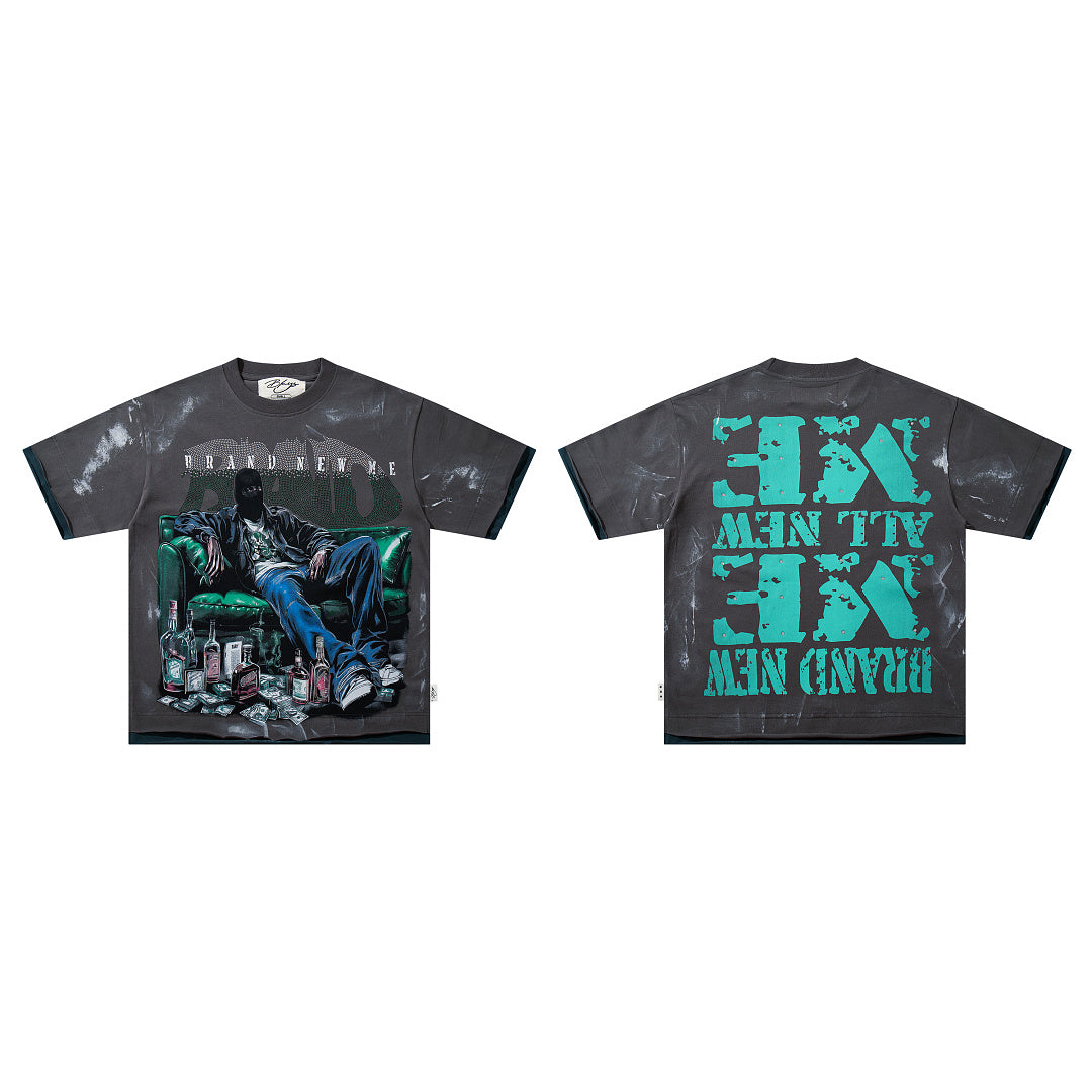 BKYS Vintage Crystal Graphic Street T-Shirt with Distressed Portrait Print