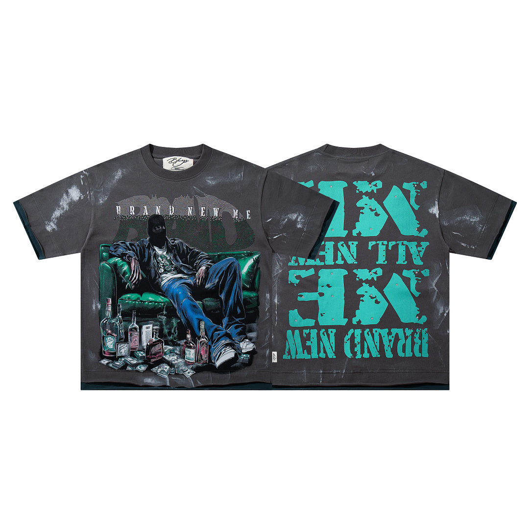 BKYS Vintage Crystal Graphic Street T-Shirt with Distressed Portrait Print