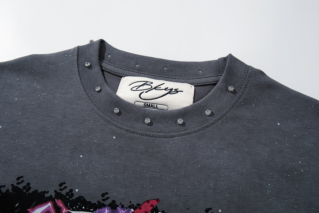 BKYS Distressed Rhinestone Portrait Graphic Oversized Street Tee