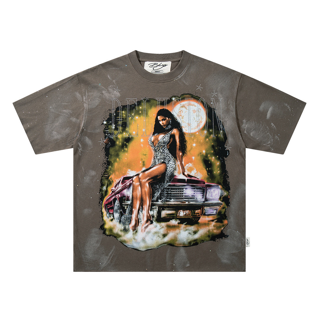 BKYS Washed Portrait Rhinestone Graphic Boxy Streetwear Tee