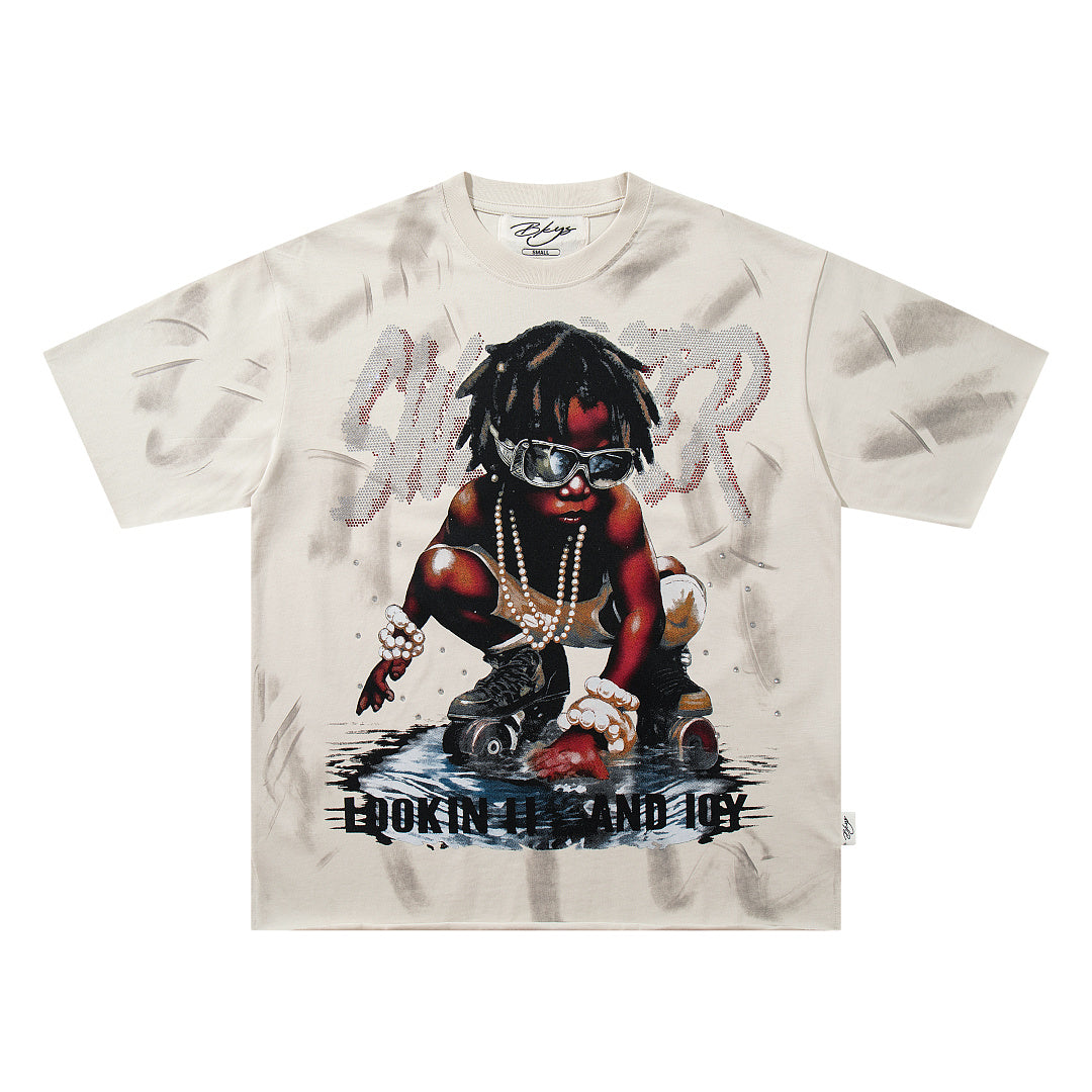 BKYS Distressed Portrait Rhinestone Oversized Vintage Street Tee