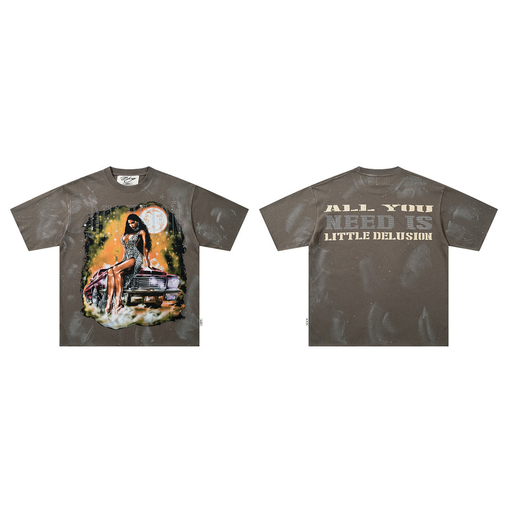 BKYS Washed Portrait Rhinestone Graphic Boxy Streetwear Tee