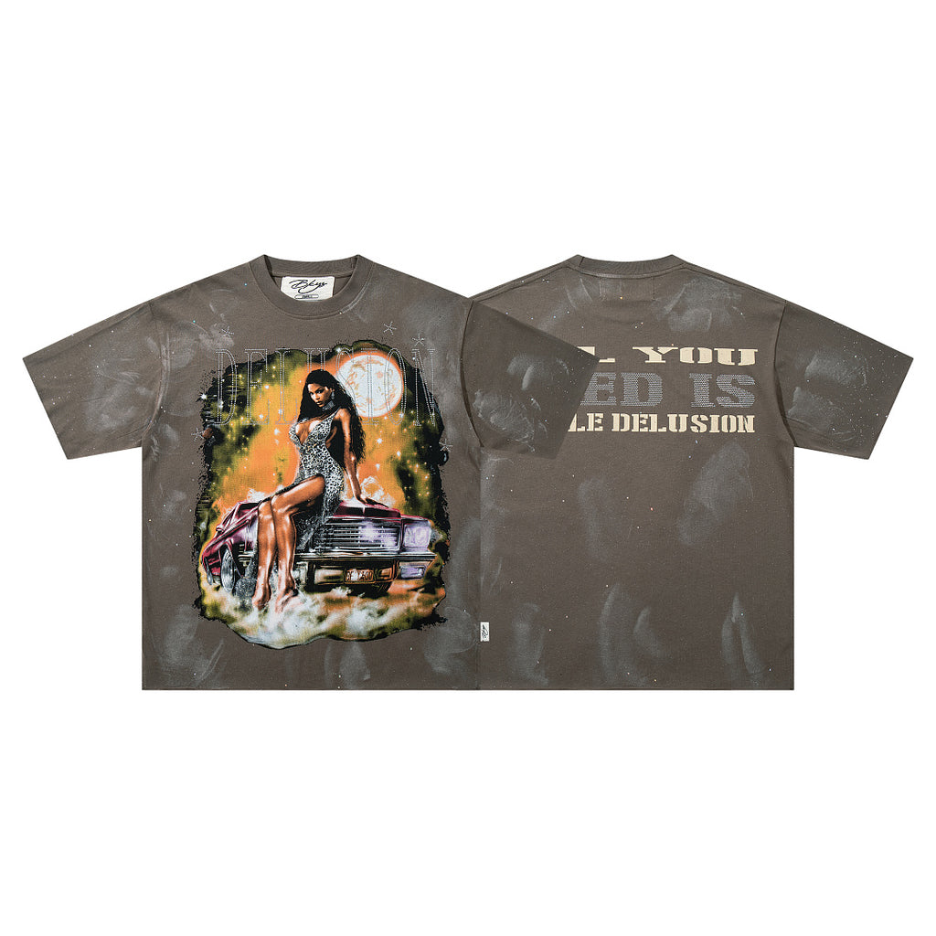 BKYS Washed Portrait Rhinestone Graphic Boxy Streetwear Tee