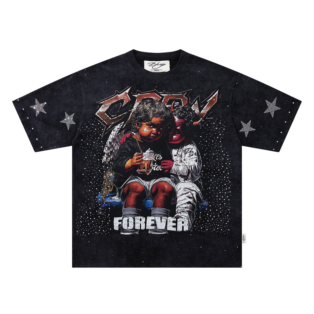 BKYS Vintage Portrait Rhinestone Graphic Loose Streetwear T-Shirt