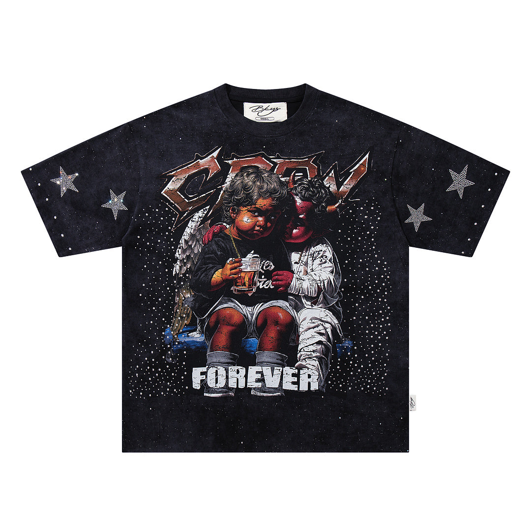 BKYS Vintage Portrait Rhinestone Graphic Loose Streetwear T-Shirt