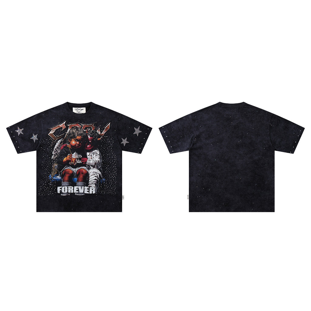 BKYS Vintage Portrait Rhinestone Graphic Loose Streetwear T-Shirt