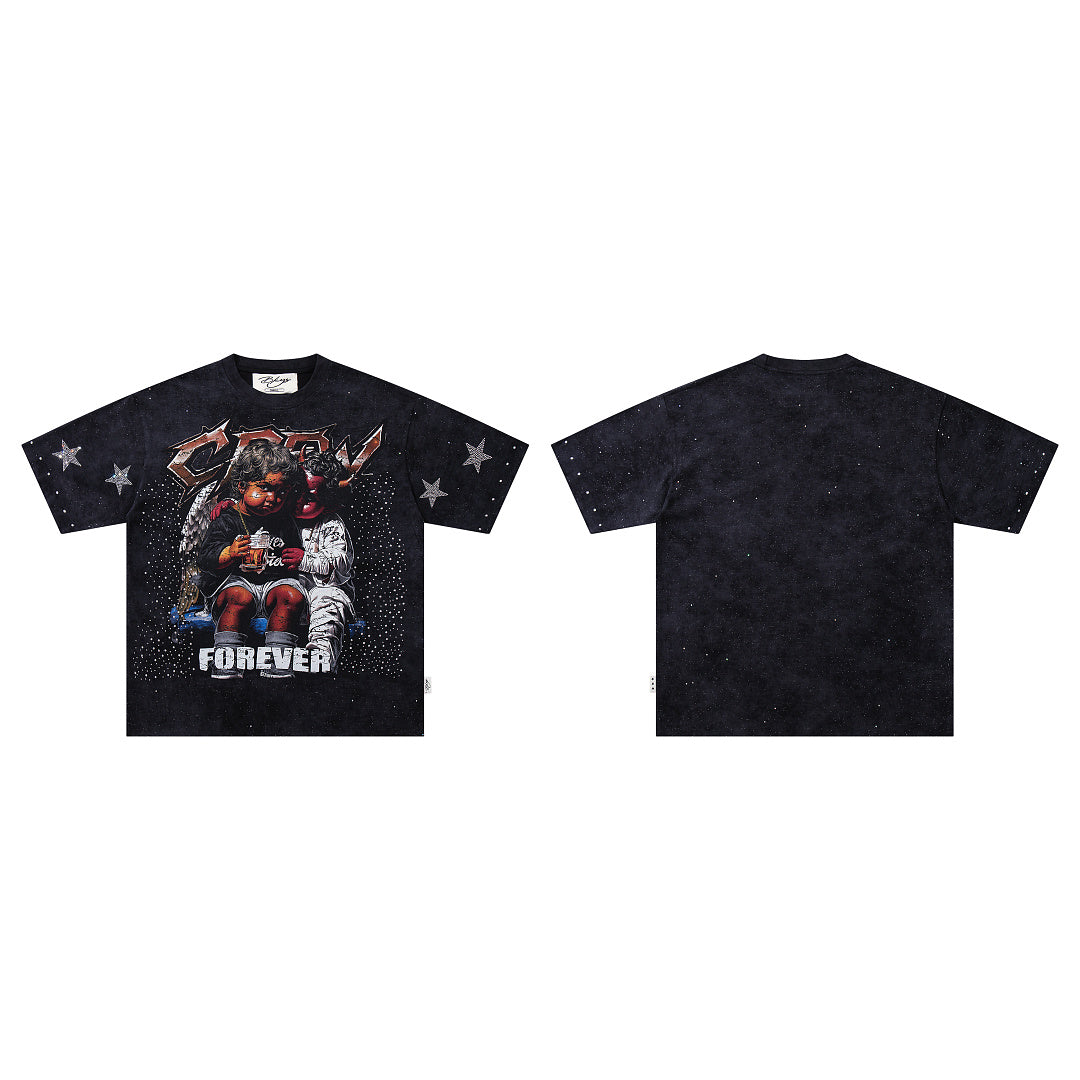BKYS Vintage Portrait Rhinestone Graphic Loose Streetwear T-Shirt