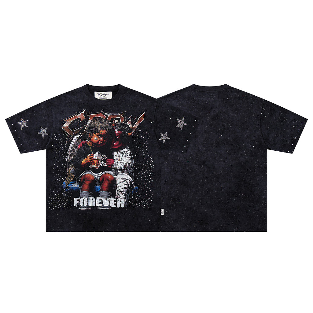 BKYS Vintage Portrait Rhinestone Graphic Loose Streetwear T-Shirt