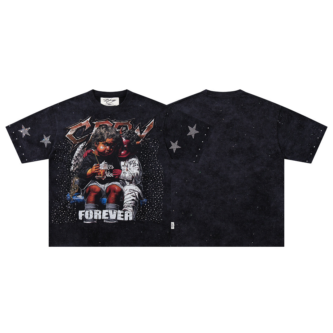 BKYS Vintage Portrait Rhinestone Graphic Loose Streetwear T-Shirt