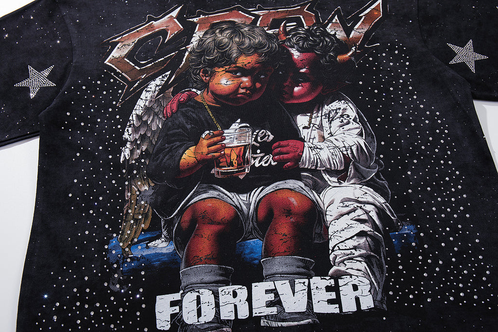 BKYS Vintage Portrait Rhinestone Graphic Loose Streetwear T-Shirt