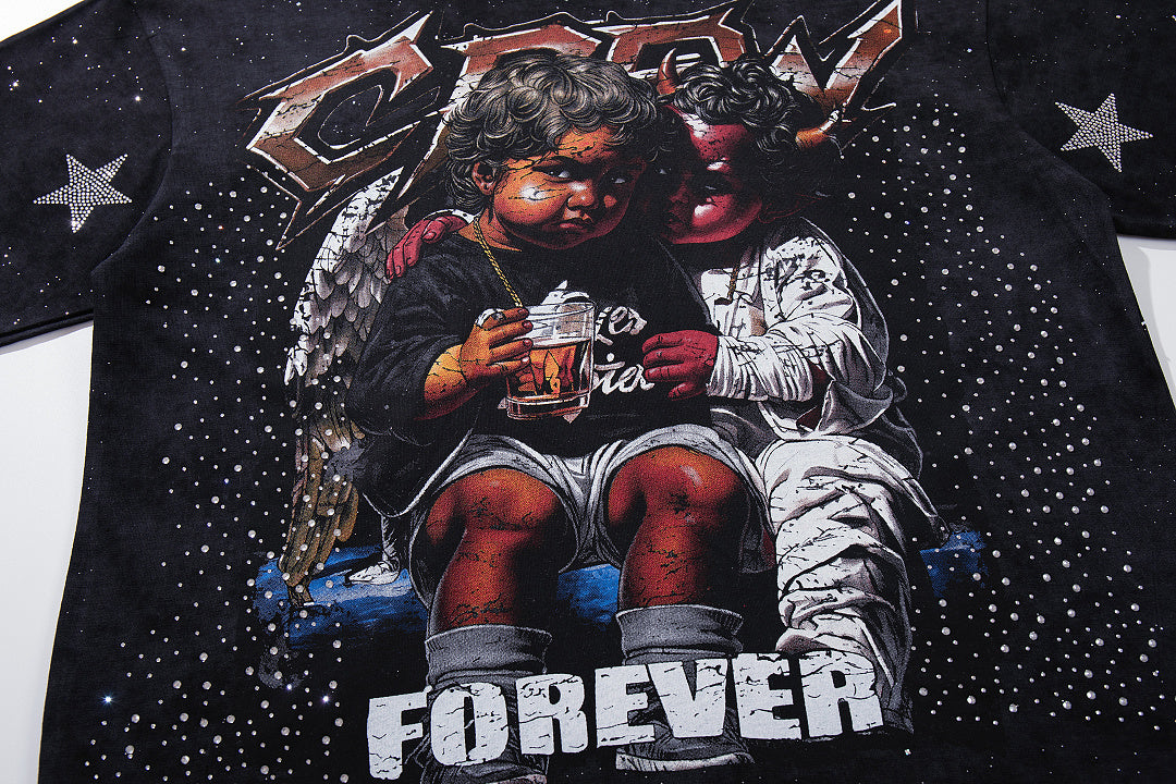 BKYS Vintage Portrait Rhinestone Graphic Loose Streetwear T-Shirt