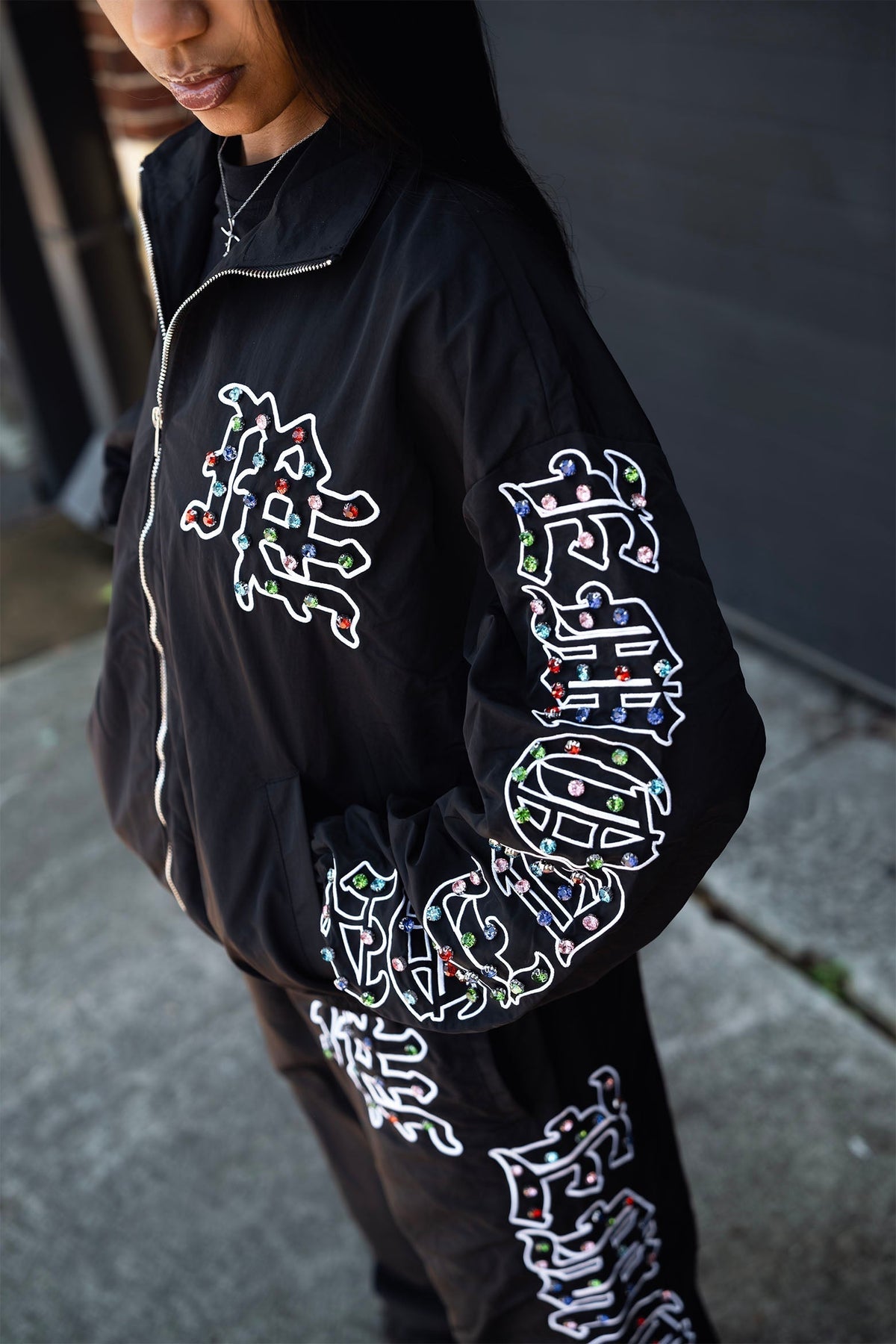 Mixed Emotions “ME” Rhinestone Nylon Jacket