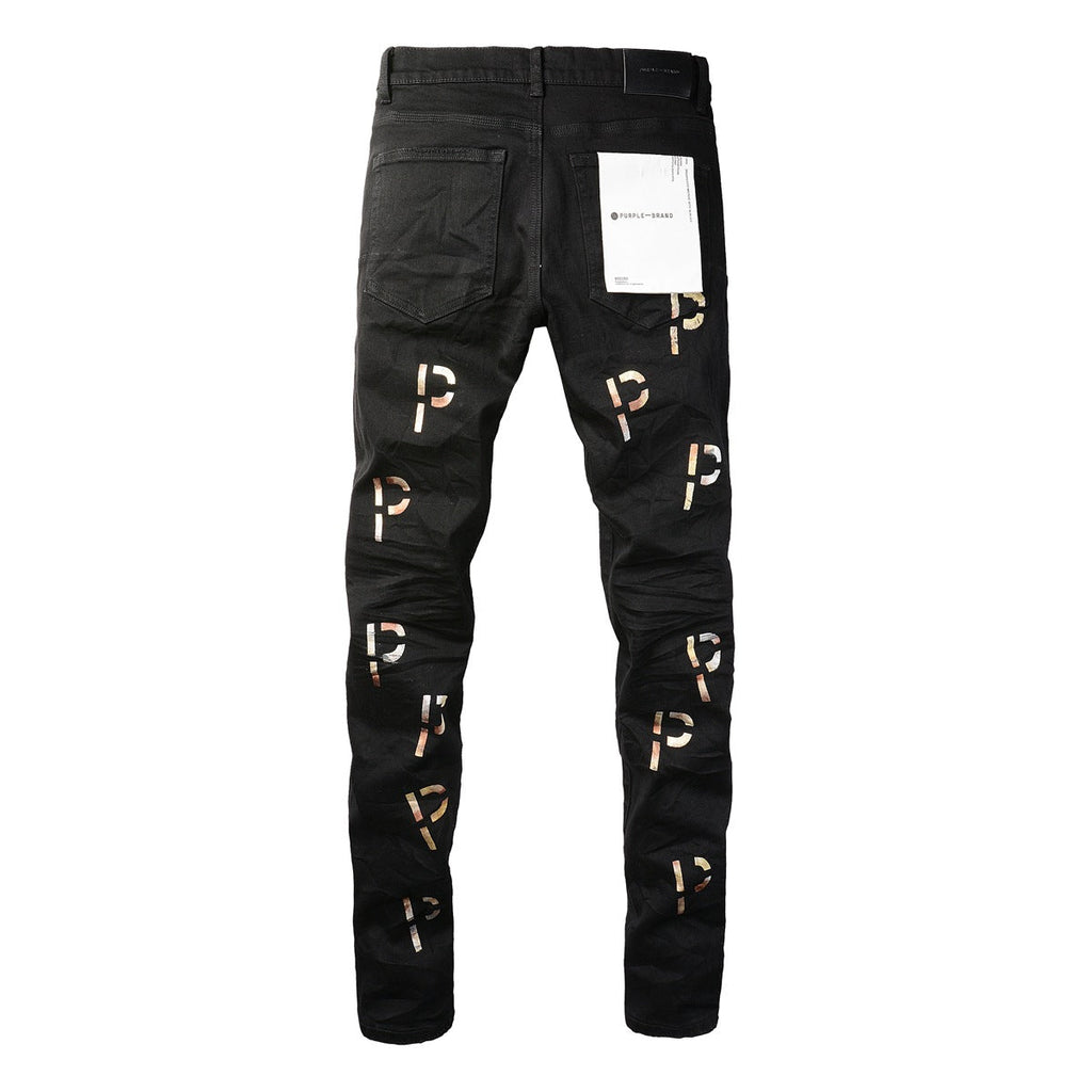 Purple Jeans New Black Letter Printing Vintage Personality Fashion Ripped Jeans 9008