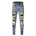 Purple jeans Men's Blue Jeans with Black Patches, Distressed Paint, and Ripped Details (523-6523)