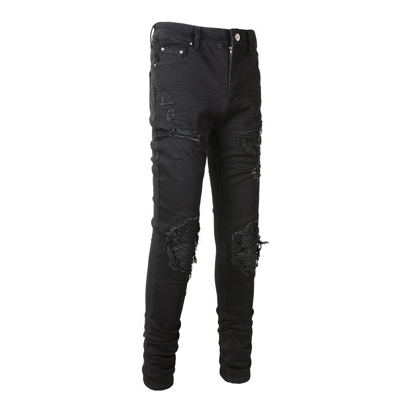 Purple Jeans Men's Slim Fit Black Jeans with Wrinkled Details, Patches, and Ripped Design (602-8520)