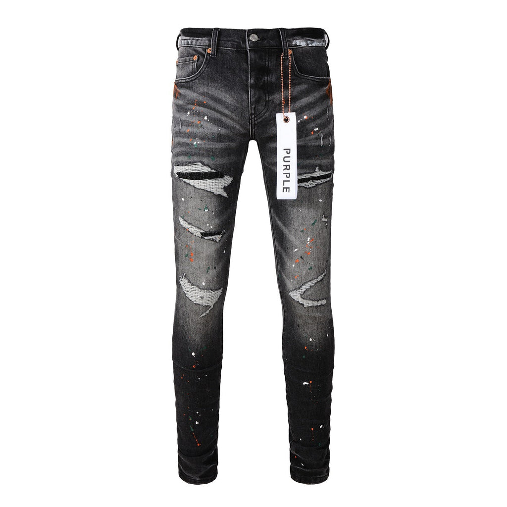 Purple Jeans Mens New Black Grey Jeans - Urban Style with Unique Ripped Patches 9018