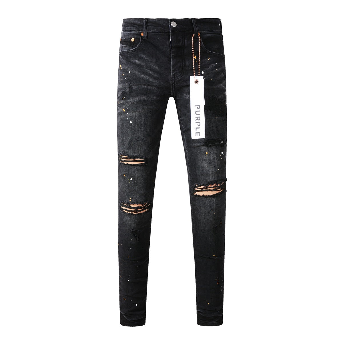 Purple Jeans - Distressed Black Denim with Knee Slit and Ripped Hole 9045