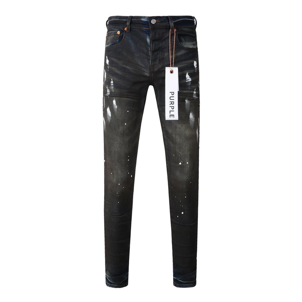 Mens Purple Ripped Jeans Stylish Slim Fit Black Paint High Street Denim Pants 9036
