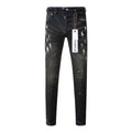 Mens Purple Ripped Jeans Stylish Slim Fit Black Paint High Street Denim Pants 9036