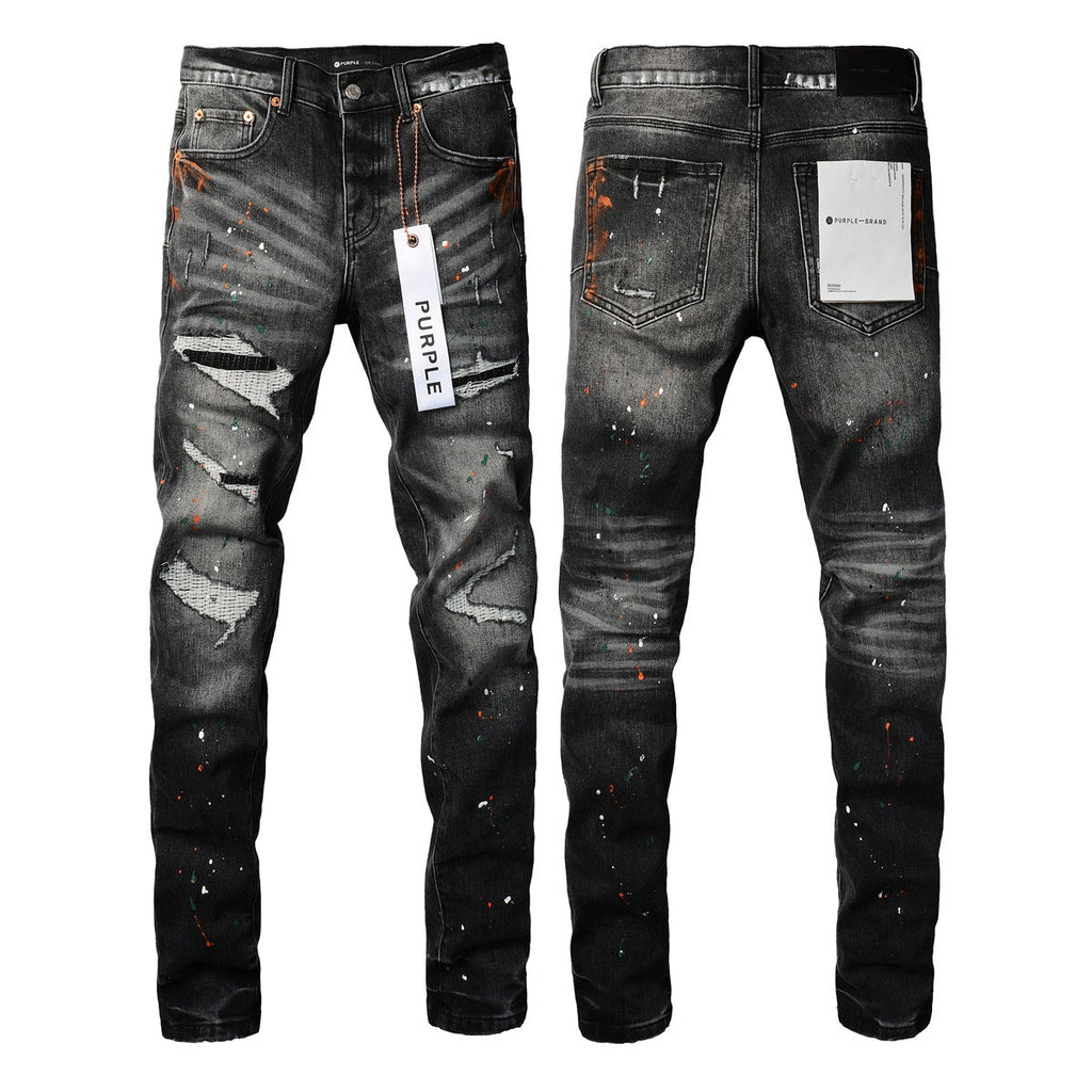 Purple Jeans Mens New Black Grey Jeans - Urban Style with Unique Ripped Patches 9018