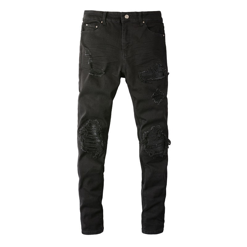 Purple Jeans Men's Slim Fit Black Jeans with Wrinkled Details, Patches, and Ripped Design (602-8520)