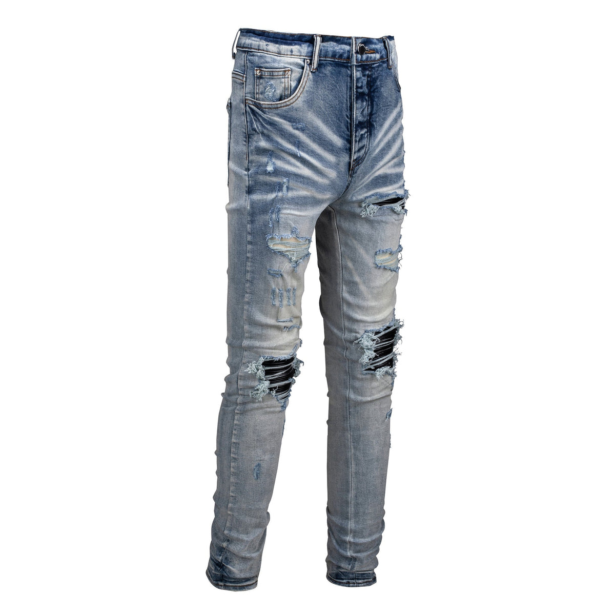 Purple Jeans Men's Slim Fit Black Jeans with Street Style Patches, Vintage Wash, and Ripped Details 6848