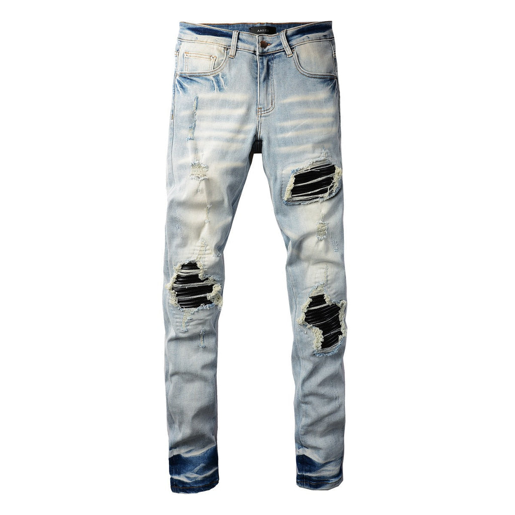 Purple Jeans Mens Punk Slim Stretch Distressed Jeans With Ripped Knee Patch Blue Pants 6848