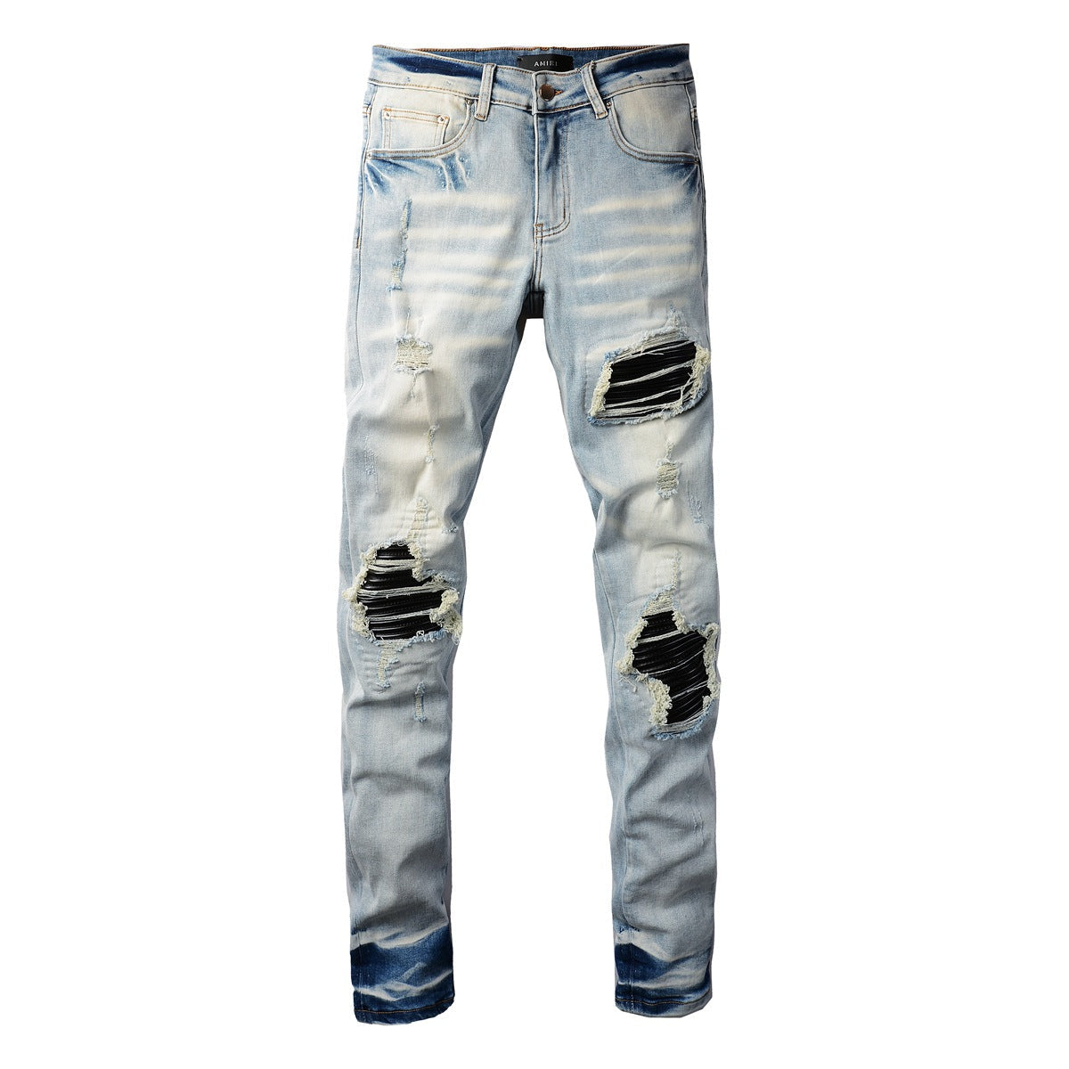 Purple Jeans Mens Punk Slim Stretch Distressed Jeans With Ripped Knee Patch Blue Pants 6848