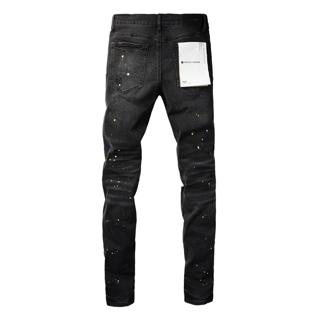 Purple Jeans - Distressed Black Denim with Knee Slit and Ripped Hole 9045