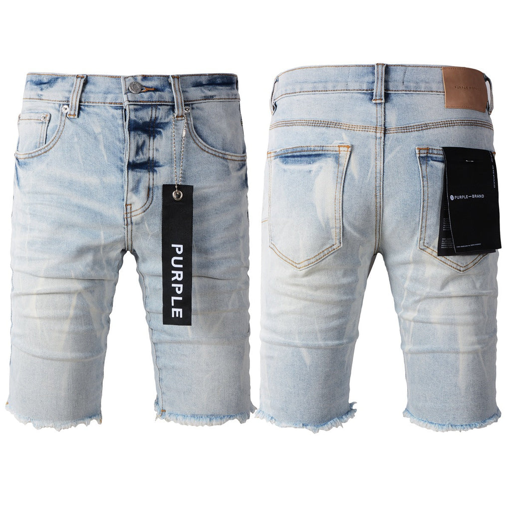 Purple Jeans Trendy Blue Denim Shorts 5017 Featuring Wrinkled Texture and Classic Button Front