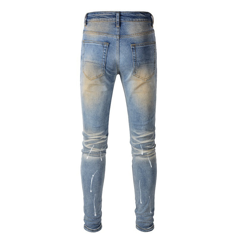 Purple jeans Men's Blue Jeans with Black Patches, Distressed Paint, and Ripped Details (523-6523)