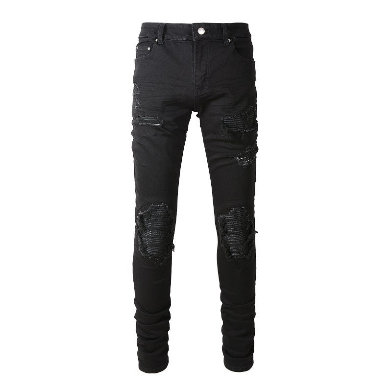 Purple Jeans Men's Slim Fit Black Jeans with Wrinkled Details, Patches, and Ripped Design (602-8520)